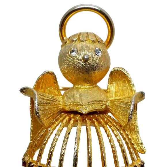 Small Rhinestone Angel Brooch Gold Tone Pair Cherub Pin Red Green Crystal - Picture 5 of 9